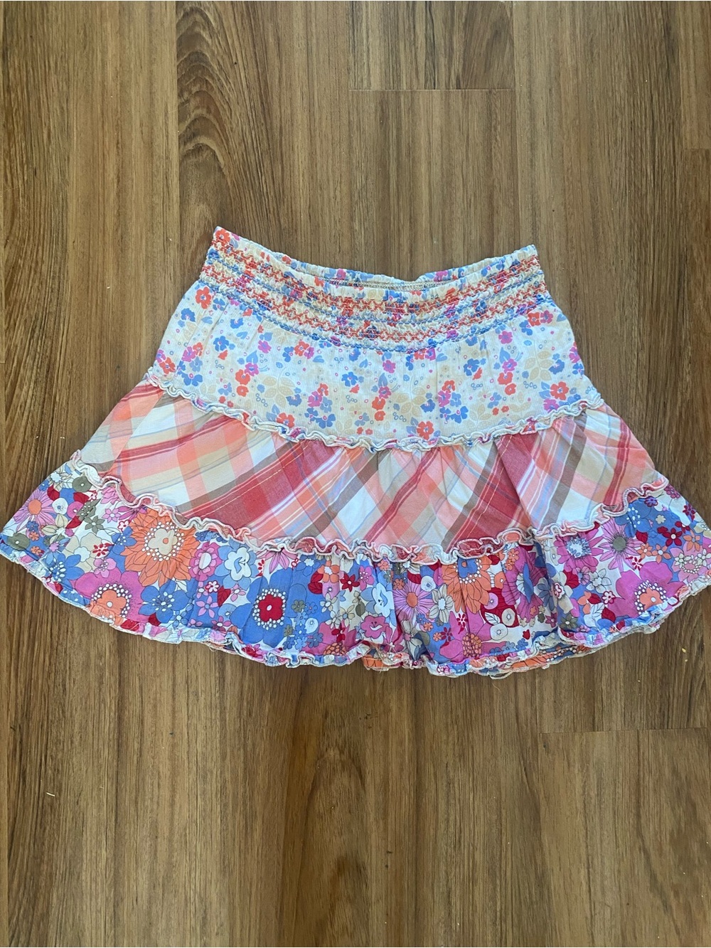 Girls Multi-Pattern Floral and Plaid Tiered Patchwork Mini Skirt